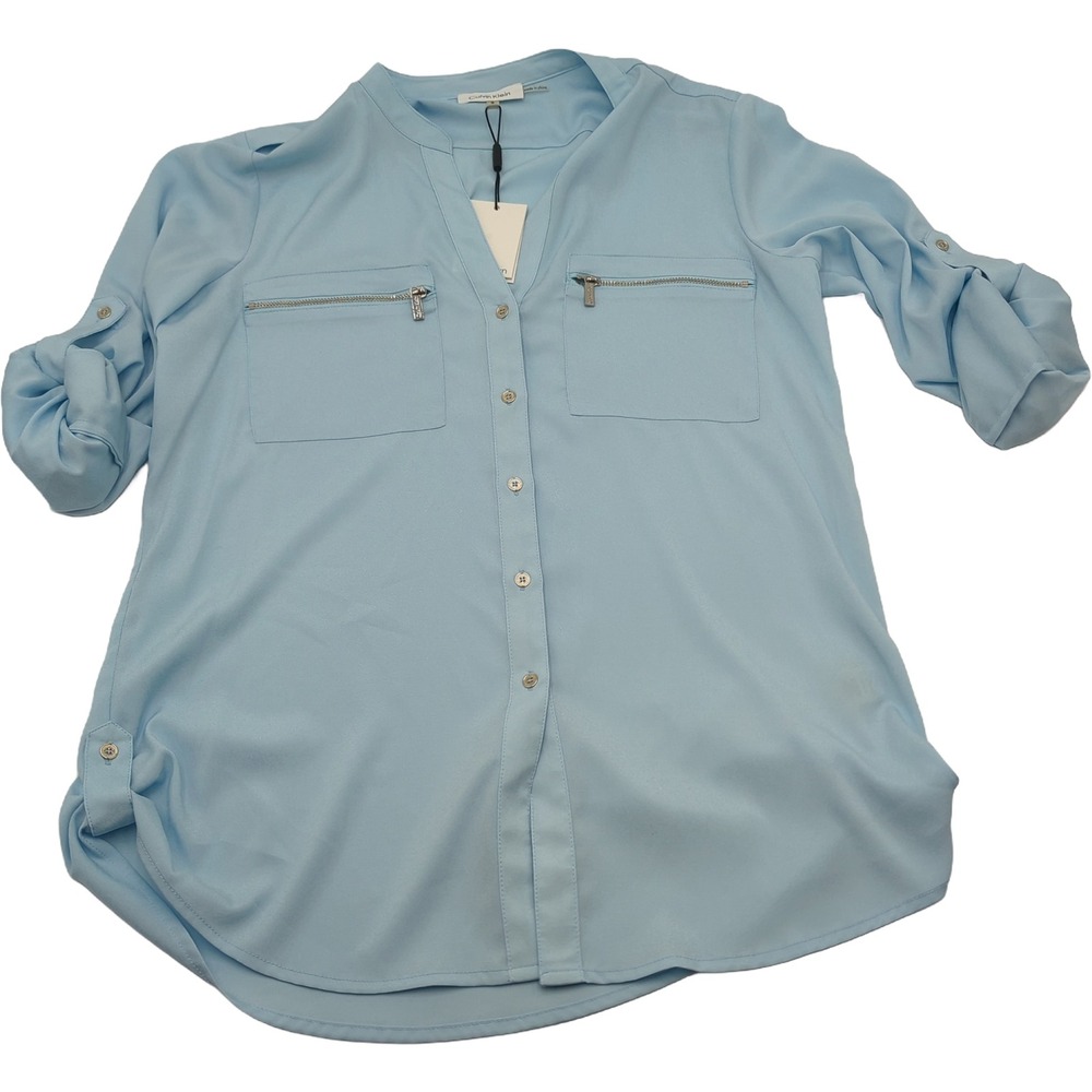 Calvin Klein Modern Essentials Light Blue Roll Tab Zipper Pocket Blouse M3VA9598